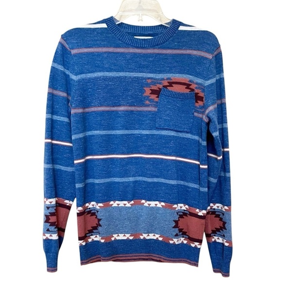 Lucky Brand Sweater Men’s Size Small Blue Southwestern Cotton Knit  Crewneck - Picture 8 of 8